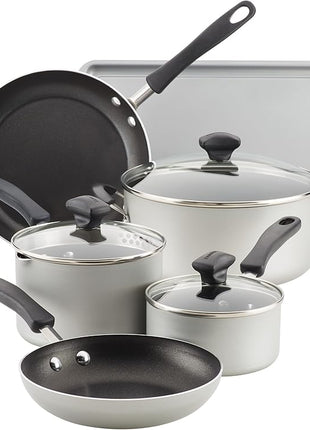 Farberware Cookstart DiamondMax Nonstick Cookware/Pots and Pans Set, Dishwasher Safe, Includes Baking Pan and Cooking Tools, 15 Piece - Silver