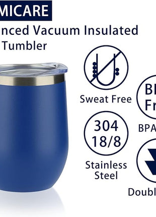 DOMICARE Stainless Steel Wine Tumbler Bulk with Lid, Personalized Insulated Tumblers Set, 12oz Travel Coffee Cups Pack of 8, Dark Blue