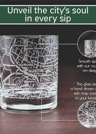 Greenline Goods Whiskey Glasses - 10 Oz Tumbler Gift Set for Austin lovers, Etched with Austin Map | Old Fashioned Rocks Glass - Set of 2