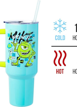 Silver Buffalo Disney Pixar Monsters Inc. Stainless Steel Tumbler with Handle Featuring Mike Wazowski, Fits in Standard Cup Holder, 40 Ounces