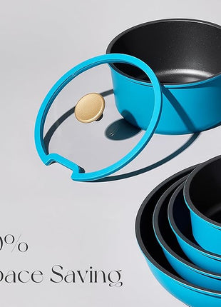 CAROTE 20pcs Pots and Pans Set, Nonstick Cookware Set Detachable Handle, Induction Kitchen Cookware Sets Non Stick with Removable Handle, RV Cookware Set, Peacock Blue