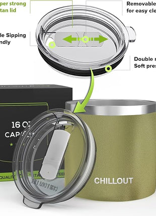 CHILLOUT LIFE Stainless Steel 16 oz (Set of 2) Vacuum Insulated Coffee Mug with Handle and Lid, Large Thermal Camping Coffee Mugs with Sliding Lid for Men & Women