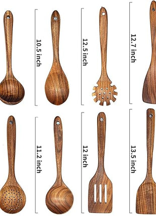 12 Pack Wooden Spoons for Cooking - Natural Teak Kitchen Utensils Set with Spatulas