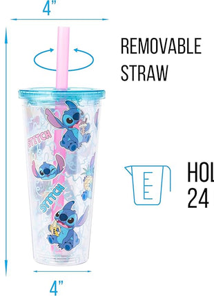 Silver Buffalo Disney Lilo and Stitch Snacking Pattern Plastic Boba Tumbler with Lid and Straw, 24 Ounces