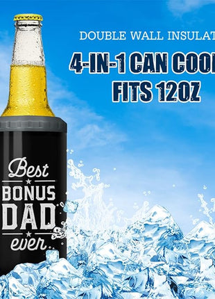 SANDJEST Bonus Dad Tumbler Gifts from Step Daughter Son - 12oz 4 in 1 Design Step Father Tumbler Cup Can Cooler - Best Bonus Dad Ever Insulated Cans Coozie Christmas, Birthday, Father's Day Gift