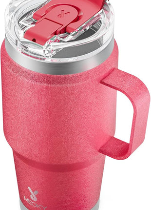 Meoky 24oz Travel Mug, Triple Insulated Stainless Steel Tumbler with Handle and 2-in-1 Straw and Sip Lid, 100% Leak Proof, Keeps Cold for 24 Hours or Hot for 8 Hours, Cupholder Friendly (Ruby)