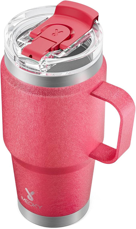 Meoky 24oz Travel Mug, Triple Insulated Stainless Steel Tumbler with Handle and 2-in-1 Straw and Sip Lid, 100% Leak Proof, Keeps Cold for 24 Hours or Hot for 8 Hours, Cupholder Friendly (Ruby)