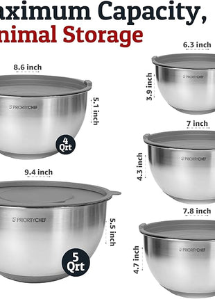 Priority Chef Stainless Steel Mixing Bowls with Lids Set, 3 Grater Attachments, Airtight Lids, Non-Slip Silicone Base Mixing Bowl Set, Large Prep Metal Mixing Bowls for Kitchen, Grey