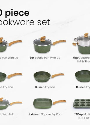 Kitchen Academy Pots and Pans Set Nonstick, 30 Pieces Induction Kitchen Cookware and Bakeware Sets, Green Granite Coating Cooking Pans Set