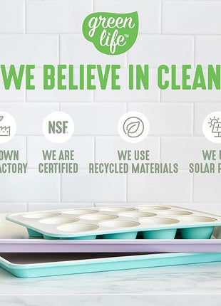 GreenLife 12-Cup Muffin Pan, PFAS-Free Healthy Nonstick Baking Tray, 11.4" x 1.9" x 15.9", Durable Ceramic Bakeware, Cupcakes, Egg Bites, Tarts, Brownies, Sage