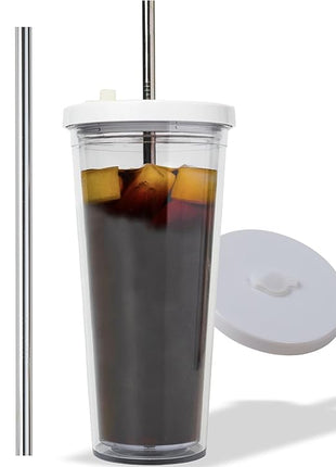 Reusable Iced Coffee Cup (24 Oz/Venti), Leak Proof and Double Wall Insulated Iced Coffee Tumbler, Come with Reusable Plastic and Metal Straws and Straw Cleaner - White