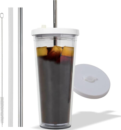 Reusable Iced Coffee Cup (24 Oz/Venti), Leak Proof and Double Wall Insulated Iced Coffee Tumbler, Come with Reusable Plastic and Metal Straws and Straw Cleaner - White