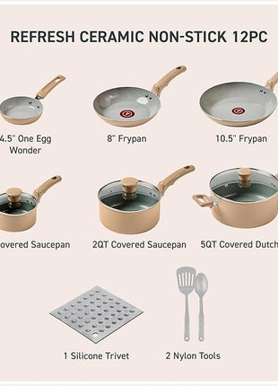 T-Fal Refresh Ceramic Nonstick Cookware Set, 12-Piece, Oven Safe to 350°F, Includes Stockpot, Griddle, Frying Pans, Utensils, Ceramic Pots and Pans Set, Sand Beige