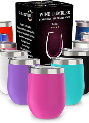 CHILLOUT LIFE 12 oz Stainless Steel Wine Tumbler with Lid - Double Wall Vacuum Insulated Wine Cup Glass Keeping Cold & Hot for Coffee, Champagne, Cocktails, Ice Cream - Powder Coated Pink