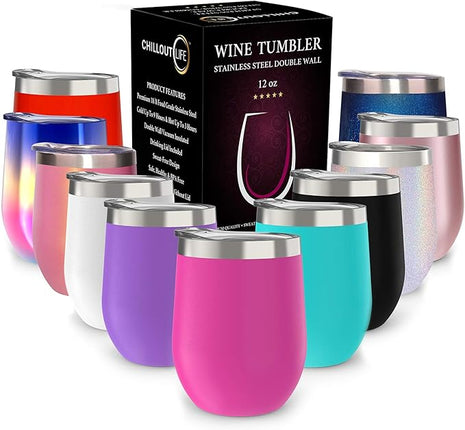 CHILLOUT LIFE 12 oz Stainless Steel Wine Tumbler with Lid - Double Wall Vacuum Insulated Wine Cup Glass Keeping Cold & Hot for Coffee, Champagne, Cocktails, Ice Cream - Powder Coated Pink
