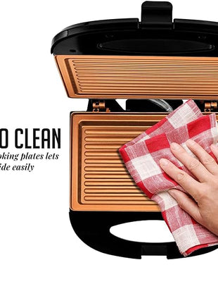 OVENTE Electric Panini Press Grill with Nonstick Plates, LED Indicator Lights, Thermostat Control, Compact Sandwich Maker Perfect for Cooking Breakfast, Steaks, Eggs Snacks & More, Copper GP0110CO