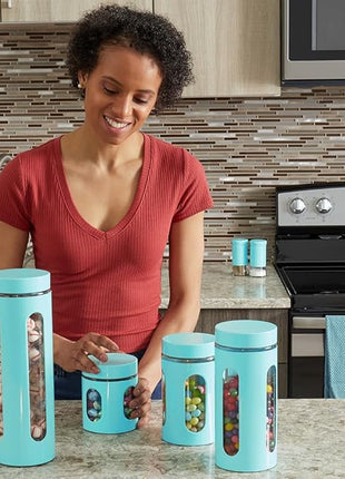 Kitchen Canisters Set For Countertop By Home Basics | Retro-Styled Canisters For Kitchen Counter | Stainless Steel and Glass, See-Through Windows (Turquoise), 4 Pieces