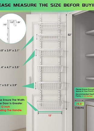 12 Inch Wide Narrow Over The Door Pantry Organizer, Pantry Organization and Storage, 6-Tier Metal Hanging Deep Basket Wall Spice Rack Seasoning Shelves, Home & Kitchen Essentials, White