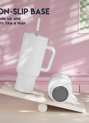 Meoky 40 oz Tumbler with Handle and Straw: Stainless Steel Insulated Tumbler with Lid and Straw - 100% Leak Proof Tumbler for Car Cup Holders - Travelers Commuters Workers, White