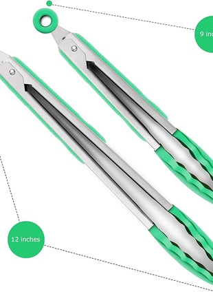 Set of 2 Kitchen Tongs, Premium Stainless Steel Locking 9-Inch & 12-Inch Silicone Grilling Barbeque Cooking Food Tong, Dark Green