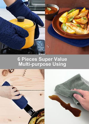 KEGOUU Oven Mitts and Pot Holders 6pcs Set, Kitchen Oven Glove High Heat Resistant 500 Degree Extra Long Oven Mitts and Potholder with Non-Slip Silicone Surface for Cooking(Marine Blue)