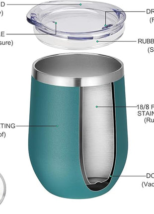 VEGOND 12oz Stainless Steel Wine Tumbler with Lid and Straw, Double Wall Vacuum Insulated Stemless Wine Glass Tumbler Cup, Coffee Mug for Cold Hot Drinks
