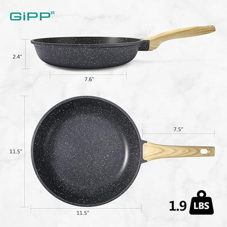 GiPP Nonstick Frying Pan Skillet - 11" Grey Granite Non Stick Pans, Omelette Pan with Heat-Resistant Handle, Compatible with All Stovetops, PFOA Free