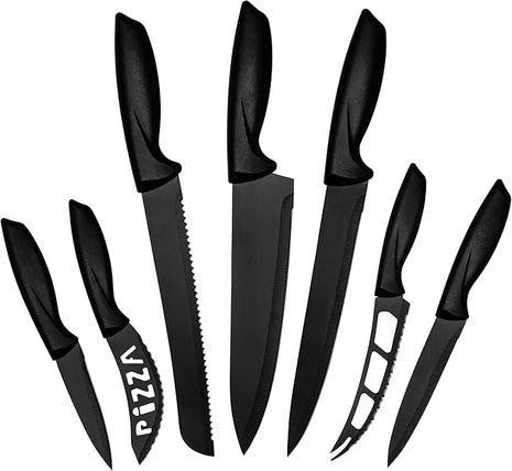 LDC Kitchen Black Knife Set - Stainless Steel, Dishwasher Safe Ergonomic Knives Set with Anti-Slip Handles - Ultra-Sharp Blades - Kitchen Essential Knives - 7 Piece Set