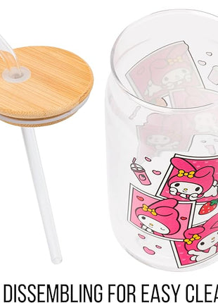 Silver Buffalo Sanrio Hello Kitty and Friends My Melody Polaroids Glass Jar Tumbler with Bamboo Lid and Glass Straw, 16 Ounces