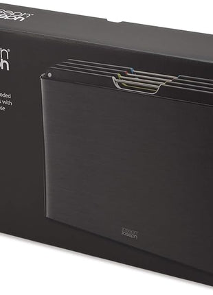 Joseph Joseph Folio 4-Piece Colour coded Cutting Board Set, Stainless Steel Slimline case for organized Kitchen storage, Black
