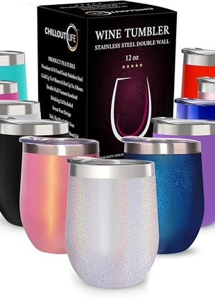 CHILLOUT LIFE 12 oz Stainless Steel Wine Tumbler with Lid - Double Wall Vacuum Insulated Wine Cup Glass Keeping Cold & Hot for Coffee, Champagne, Cocktails, Ice Cream - Holographic Glitter