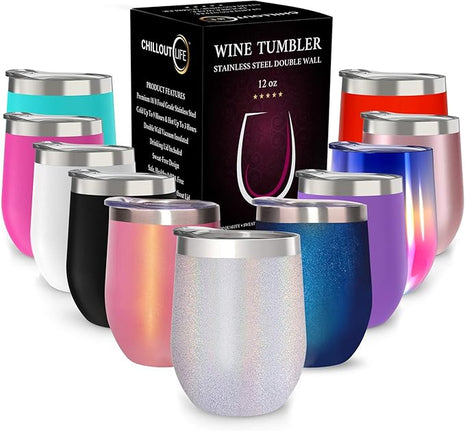 CHILLOUT LIFE 12 oz Stainless Steel Wine Tumbler with Lid - Double Wall Vacuum Insulated Wine Cup Glass Keeping Cold & Hot for Coffee, Champagne, Cocktails, Ice Cream - Holographic Glitter