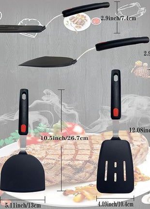 Silicone Spatula Set of 2 for Nonstick Cookware,Tenta Tenta Kitchen Slotted Angle Round Pancake Spatulas 600°F Heat Resistant Classic Rubber Spatula Set For Cooking-Grey/Black