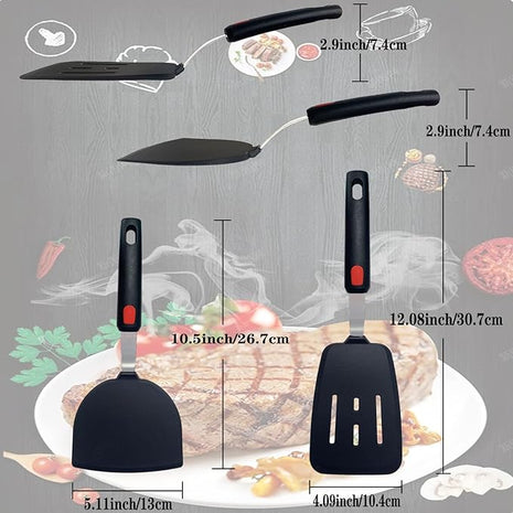 Silicone Spatula Set of 2 for Nonstick Cookware,Tenta Tenta Kitchen Slotted Angle Round Pancake Spatulas 600°F Heat Resistant Classic Rubber Spatula Set For Cooking-Grey/Black