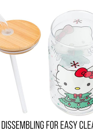 Silver Buffalo Sanrio Hello Kitty Holiday Glass Tumbler with Bamboo Lid and Glass Straw, 16 Ounces