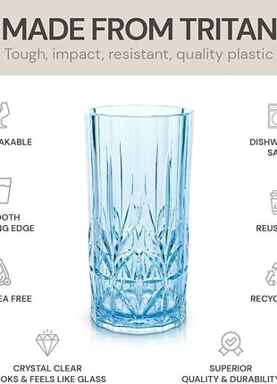 BELLAFORTE Shatterproof Tritan Tall Tumbler, Set of 4, 18oz - Myrtle Beach Drinking Glasses - Unbreakable Plastic Drinking Glasses for Gifting, Parties, New Year - BPA Free - Dishwasher Safe - Blue