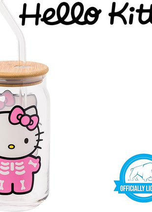 Silver Buffalo Sanrio Hello Kitty Halloween Spooky Skeleton Glass Jar Tumbler with Bamboo Lid and Glass Straw, 16 Ounces