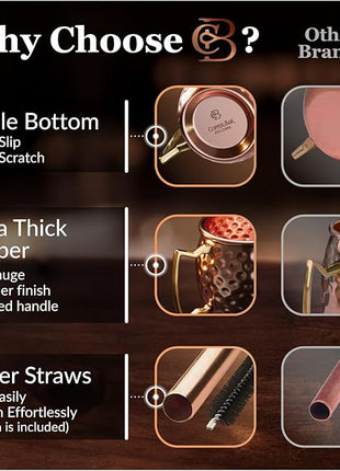 Moscow Mule Copper Mugs - Unique HANDCREFTED Gift Set of 4, Hammered by Artisan, 100% Pure Solid Copper Cups 16oz for Drinking Water & Cocktails, Include 12 Pcs accessories & Special Opener