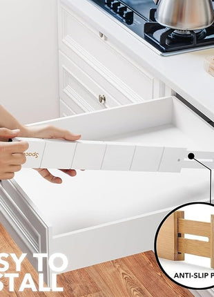 SpaceAid Bamboo Drawer Dividers with Inserts and Labels, Kitchen Adjustable Drawer Organizers, Expandable Organization for Home, Office, Dressers, 10 Dividers with 24 Inserts (17"-22" White)