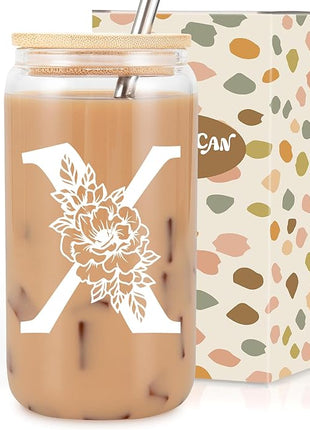 Coolife Initial Glass Cup, Monogrammed Gifts for Women, 16 oz Glass Cups w/Lids Straws, Iced Coffee Smoothie Beer Tumbler w/Straw Lid - Personalized Christmas, Birthday Gifts for Her Mom Friend Woman