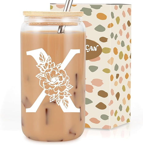 Coolife Initial Glass Cup, Monogrammed Gifts for Women, 16 oz Glass Cups w/Lids Straws, Iced Coffee Smoothie Beer Tumbler w/Straw Lid - Personalized Christmas, Birthday Gifts for Her Mom Friend Woman