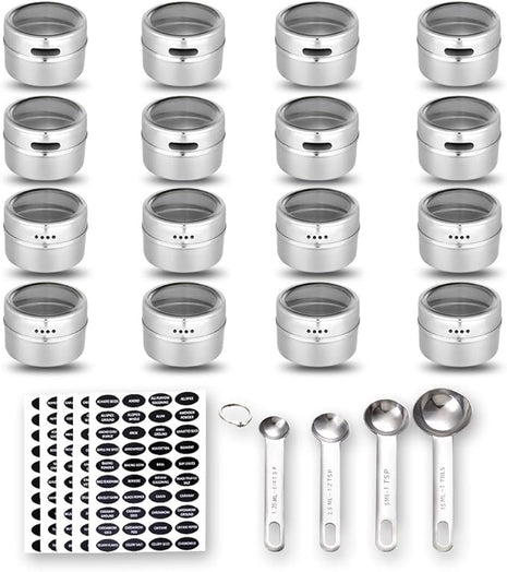 16 Magnetic Spice Tins, 200 Spice Labels, 4 Stainless Steel Measuring Spoons Magnetic Spice Containers Organizer Storage Condiment Jar Set of 16, Clear Lid, Sift and Pour