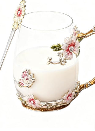Handicraft Crystal Glass 3D Flower Cups Tea Mug With Tea Spoon Women Coffee, Tea, Juice, Beer, Milk Hot And Cold Drinks Use Gift Package. (Red-Tal)