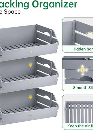 HABAU Wood Potato Onion Storage Bins - Wooden Stackable Produce Basket - Fruit Vegetable Storage for Kitchen Pantry Organization, Set 3 Pieces