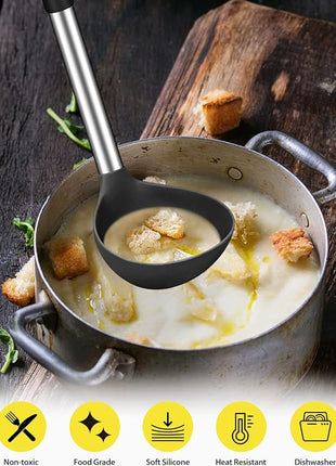 Silicone Pasta Fork and Soup Ladle Set, Non-Stick BPA Free Heat-Resistant Handy Kitchen Utensils for Cooking, Serving, Draining, Stirring (Black)