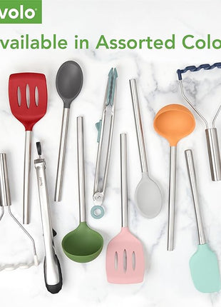 Tovolo Silicone Cooking Utensil Set of 6 Blue Slate Ladle Slotted Turner Tongs Flex Core Spatula Scraper Mixing Spoon and Potato Masher, Dishwasher Safe BPA Free Silicone Kitchen Utensils