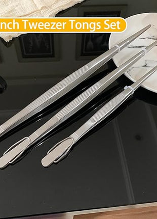 JETKONG Extra Long Kitchen Tweezers Heavy Duty Stainless Steel Cooking Tweezers, Set of 3 (9 12 14 Inch, Silver)