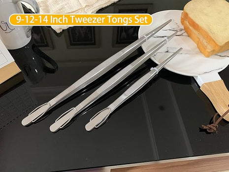 JETKONG Extra Long Kitchen Tweezers Heavy Duty Stainless Steel Cooking Tweezers, Set of 3 (9 12 14 Inch, Silver)