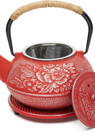 Juvale Japanese Cast Iron Teapot with Infuser - Red, 27 oz (800 ml), 3-Pc Teapot Set - Stovetop Kettle for Loose Leaf Brewing - Removable Stainless Steel Infuser & Trivet Included