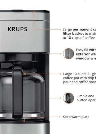 KRUPS Coffee Maker 10 Cups Simply Brew Stainless Steel Drip Coffee Maker, 900 Watts Coffee Filter, Drip Free, Dishwasher Safe Pot , Black & Silver